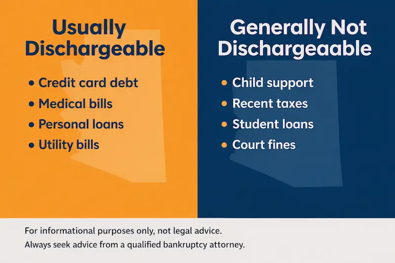 Infographic showing an Arizona outline comparing debts usually dischargeable in chapter 7 bankruptcy (credit card debt, medical bills, personal loans, utility bills) versus debts generally not dischargeable (child support, recent taxes, student loans, court fines), with a legal disclaimer at the bottom.