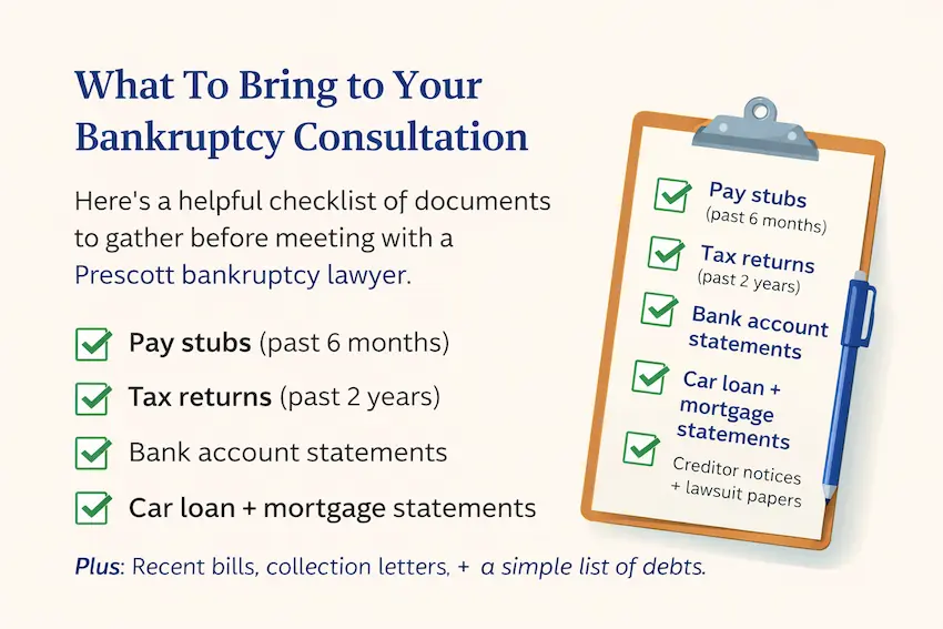 Checklist graphic of documents to gather before speaking with a Prescott bankruptcy lawyer, including pay stubs, tax returns, bank statements, and creditor notices.