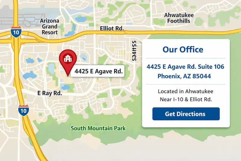 Map preview showing the location of Yontz Law, PLLC at 4425 E Agave Rd Suite 106 in Phoenix, Arizona.