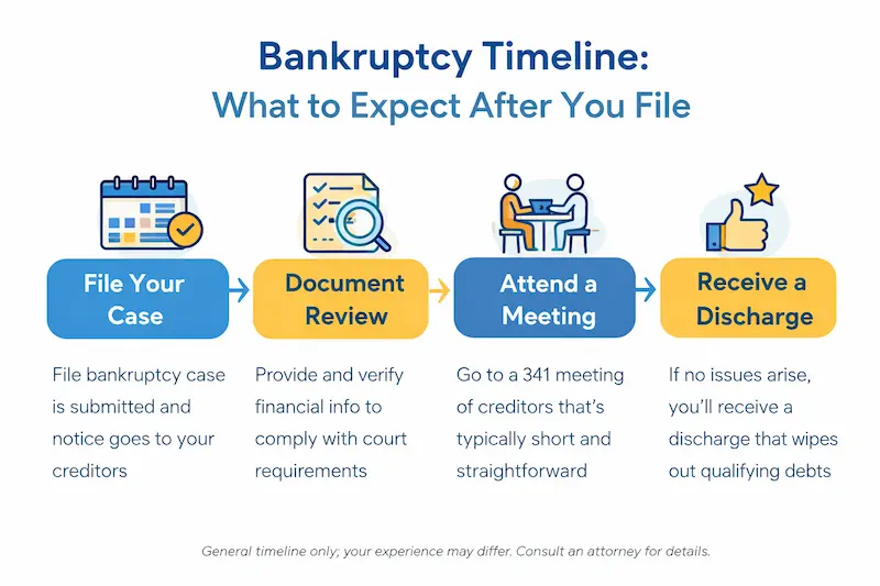 Bankruptcy timeline infographic titled “Bankruptcy Timeline: What to Expect After You File” showing four steps—File Your Case, Document Review, Attend a Meeting (341 meeting of creditors), and Receive a Discharge—with brief explanations and a note that timelines vary.