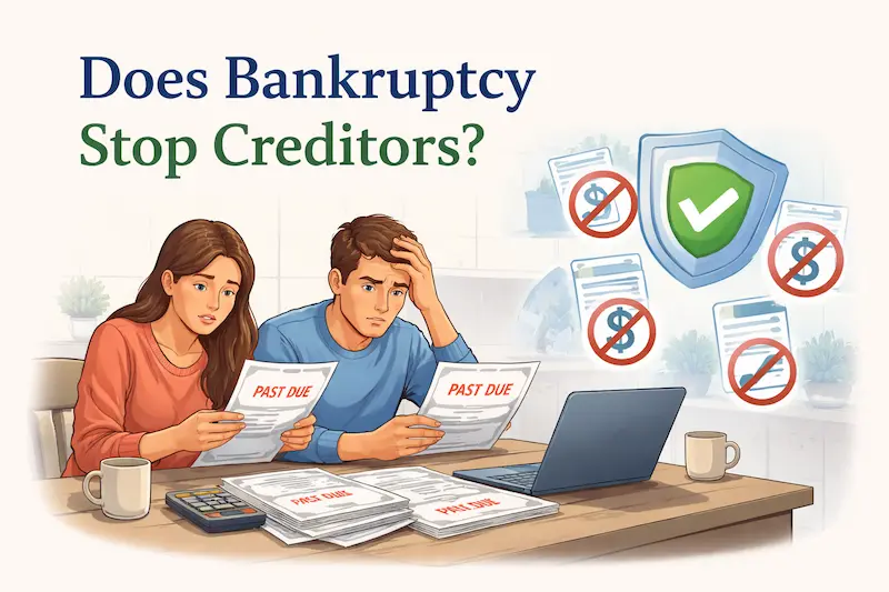 llustrated article image showing a couple reviewing past-due bills at a table with an “automatic stay” shield icon and crossed-out collection symbols, representing how bankruptcy can stop most creditor collection actions.