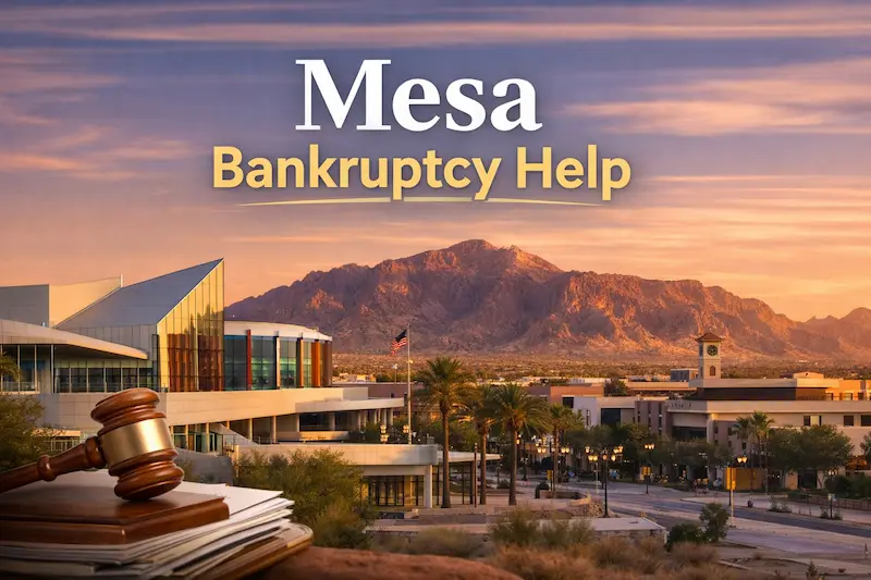Hero banner for Mesa bankruptcy help showing downtown Mesa near the Mesa Arts Center with the Superstition Mountains at sunset, plus a gavel and legal documents in the foreground and the text “Mesa Bankruptcy Help”.